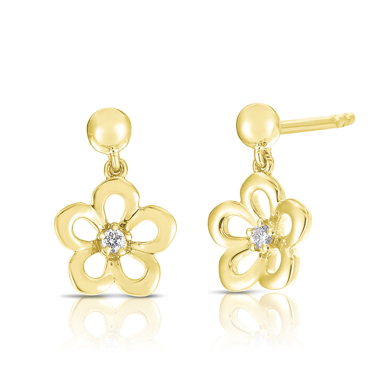 Petite Gold Flower Dangle Earrings with Diamonds, 14K Yellow Gold- URBAETIS Fine Jewelry