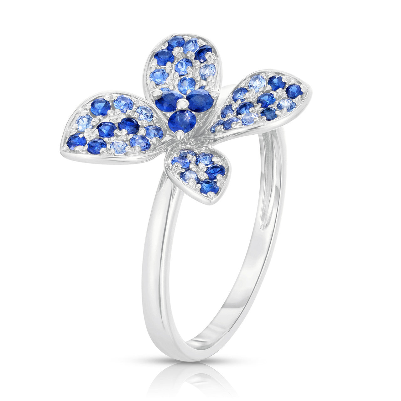 Blue Sapphire Hydrangea Ring, 14k white gold, side view - URBAETIS Fine Jewelry