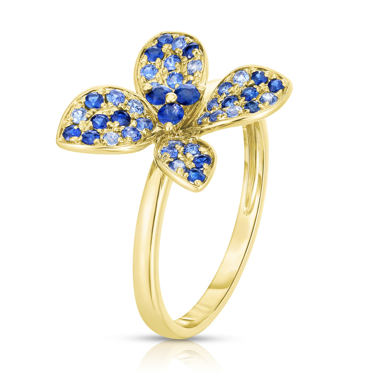 Blue Sapphire Hydrangea Ring, 14k yellow gold, side view - URBAETIS Fine Jewelry