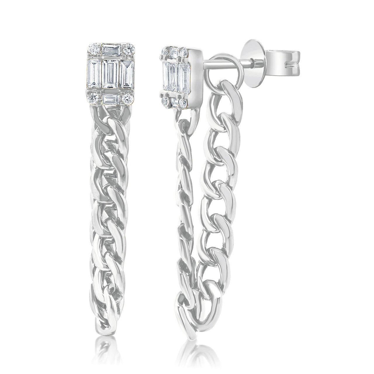 Emerald Illusion Curb Chain Studs, 14k White Gold- URBAETIS Fine Jewelry