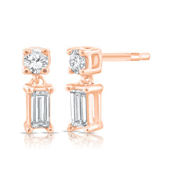 Petite Round and Baguette Dangle Stud, 14K Rose Gold- URBAETIS Fine Jewelry