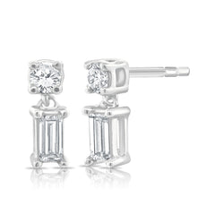 Petite Round and Baguette Dangle Stud, 14K White Gold- URBAETIS Fine Jewelry