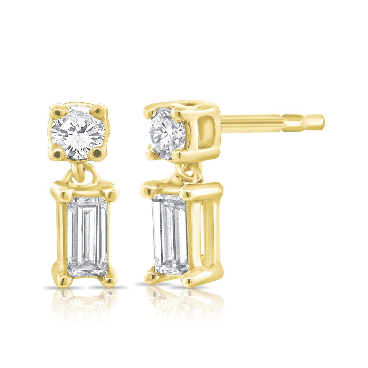 Petite Round and Baguette Dangle Stud, 14K Yellow Gold- URBAETIS Fine Jewelry
