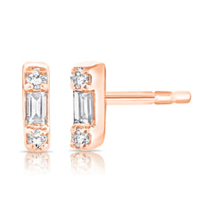 Petite Baguette and Round Diamond Bar Stud, 14K Rose Gold- URBAETIS Fine Jewelry