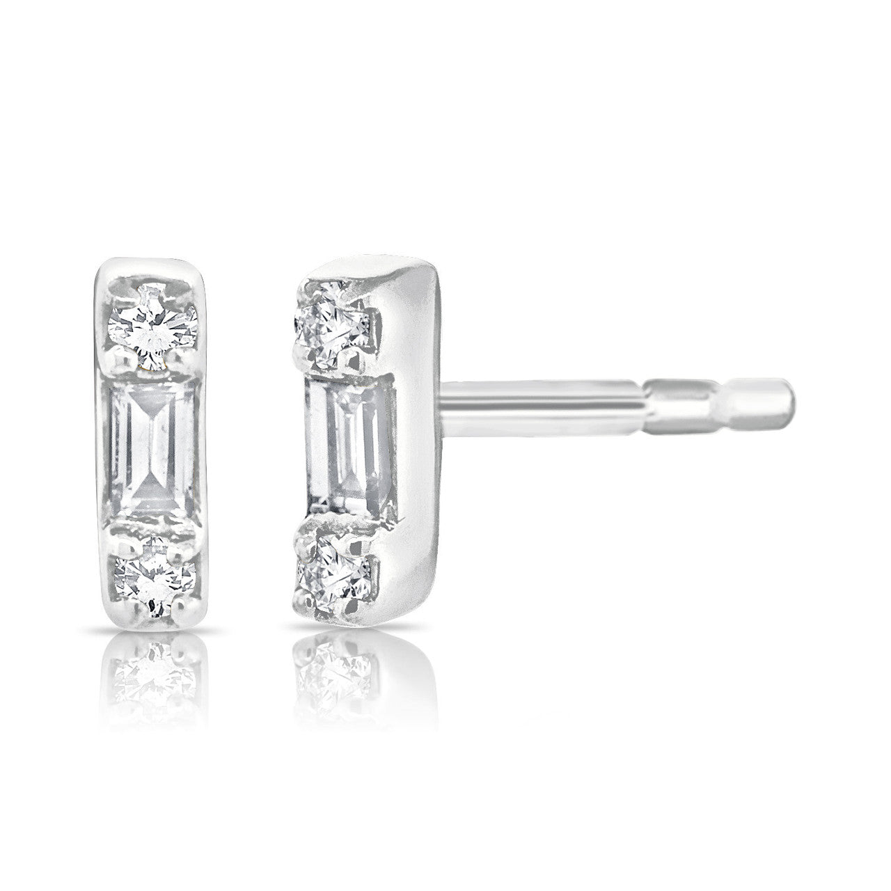 Petite Baguette and Round Diamond Bar Stud, 14K White Gold -URBAETIS Fine Jewelry
