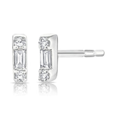 Petite Baguette and Round Diamond Bar Stud, 14K White Gold -URBAETIS Fine Jewelry