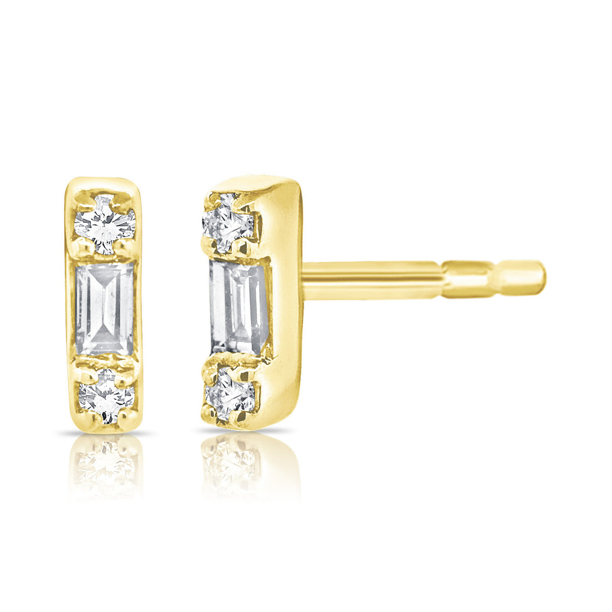 Petite Baguette and Round Diamond Bar Stud, 14K Yellow Gold -URBAETIS Fine Jewelry