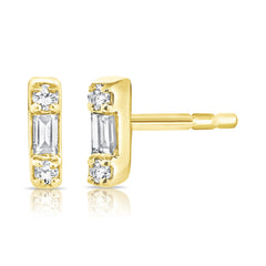 Petite Baguette and Round Diamond Bar Stud, 14K Yellow Gold -URBAETIS Fine Jewelry