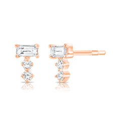 Baguette and Double Round Diamond Studs , 14K  Rose Gold- URBAETIS Fine jewelry