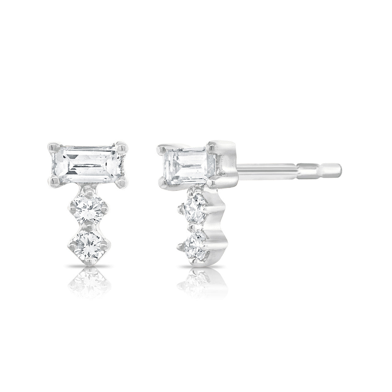Baguette and Double Round Diamond Studs , 14K White Gold- URBAETIS Fine Jewelry