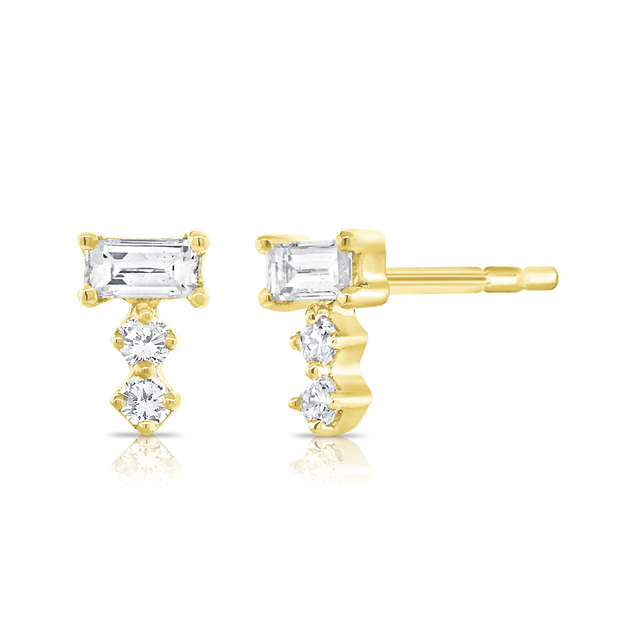 Baguette and Double Round Diamond Studs , 14K Yellow Gold- URBAETIS Fine Jewelry