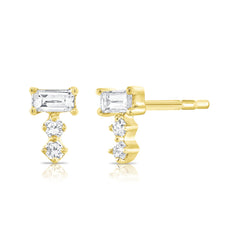 Baguette and Double Round Diamond Studs , 14K Yellow Gold- URBAETIS Fine Jewelry