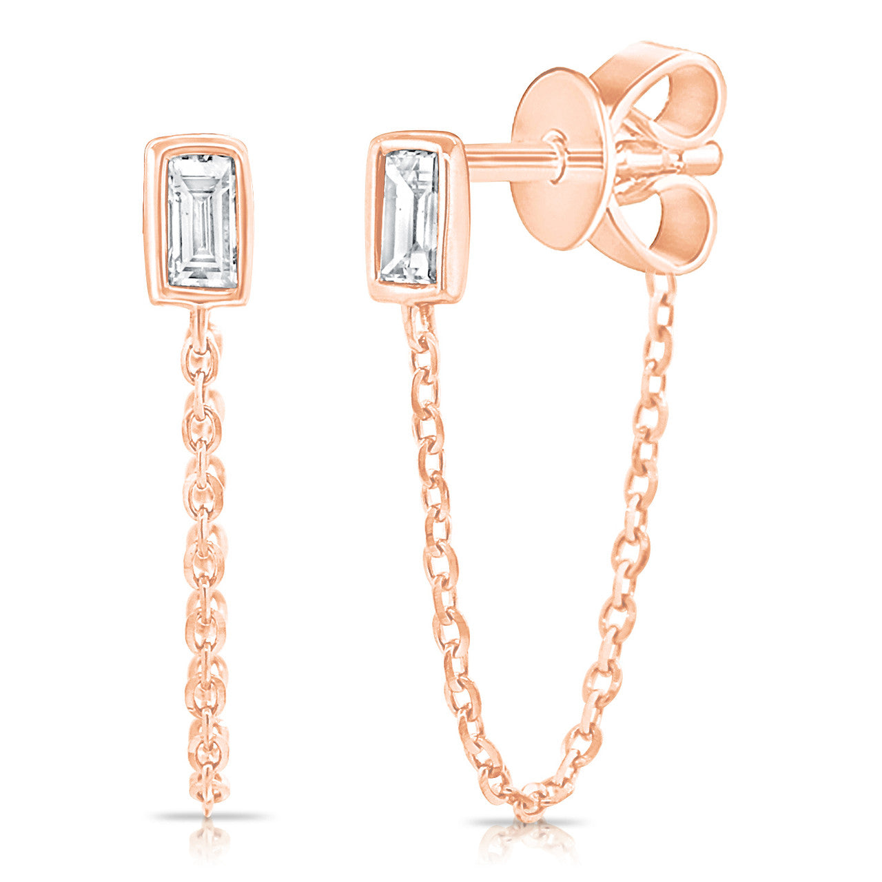 Diamond Bezel Baguette Chain Studs, 14K Rose Gold - URBAETIS Fine Jewelry