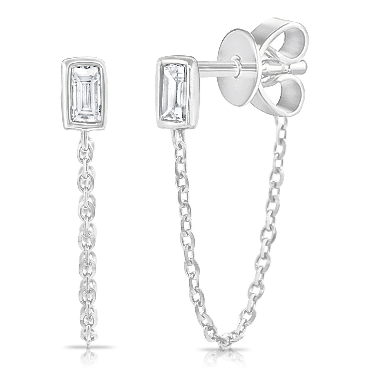 Diamond Bezel Baguette Chain Studs, 14K white Gold- URBAETIS Fine Jewelry