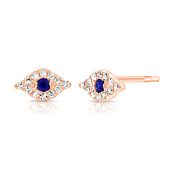 Petite Diamond and Sapphire Evil Eye Studs, 14K Rose Gold- URBAETIS Fine Jewelry