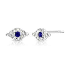 Petite Diamond and Sapphire Evil Eye Studs, 14K White Gold- URBAETIS Fine Jewelry