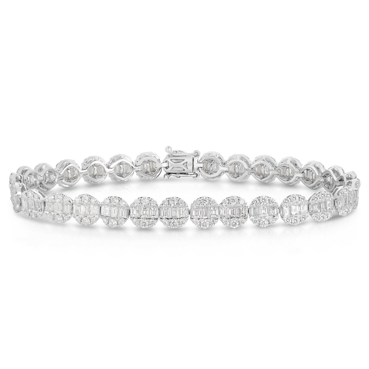 Round Baguette Illusion Tennis Bracelet, 14K White Gold- URBAETIS Fine Jewelry