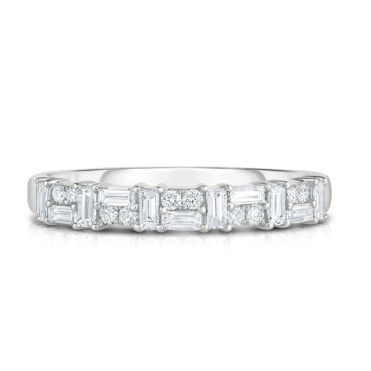 Baguette and Double Round Diamond Ring, 14K White Gold- URBAETIS Fine Jewelry