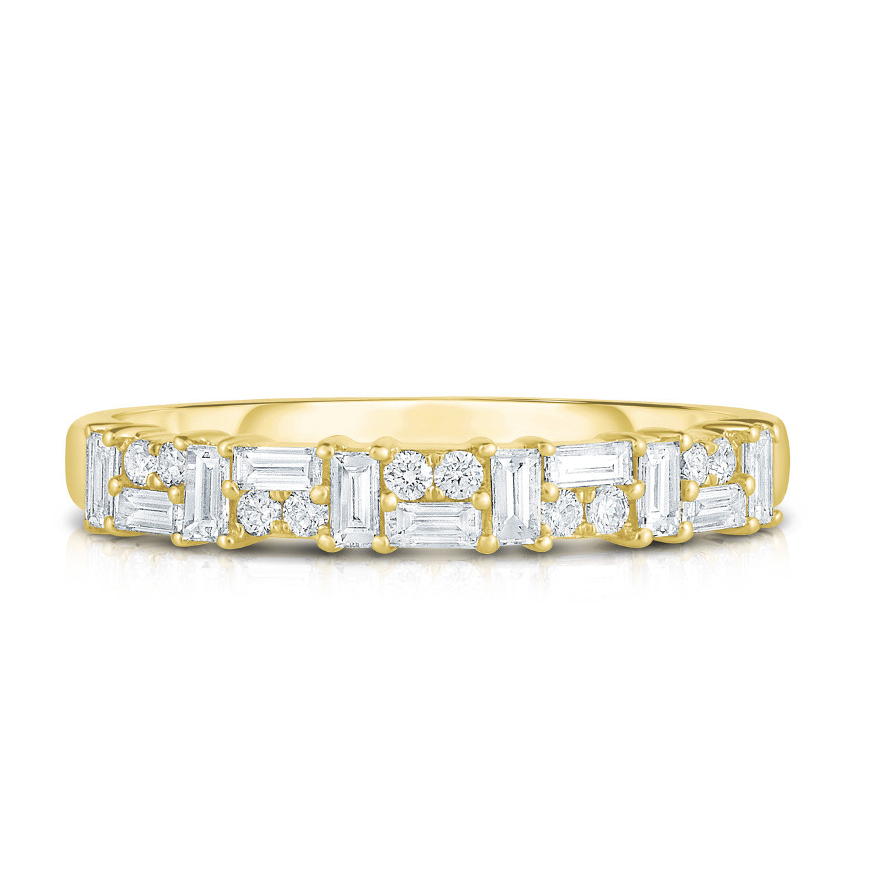 Baguette and Double Round Diamond Ring, 14K Yellow Gold- URBAETIS Fine Jewelry