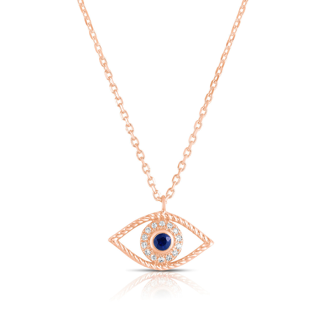 Diamond and Sapphire Evil Eye Necklace , 14K Rose Gold- URBAETIS Fine Jewelry