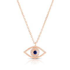 Diamond and Sapphire Evil Eye Necklace , 14K Rose Gold- URBAETIS Fine Jewelry