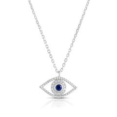 Diamond and Sapphire Evil Eye Necklace, 14K White Gold- URBAETIS Fine Jewelry