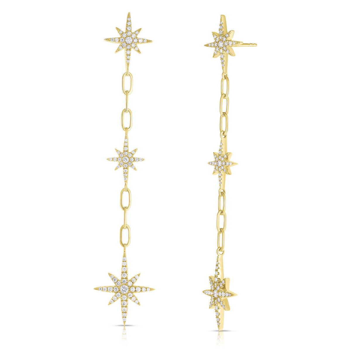Diamond Star Drop Statement Earrings , 14K Yellow Gold- URBAETIS Fine Jewelry