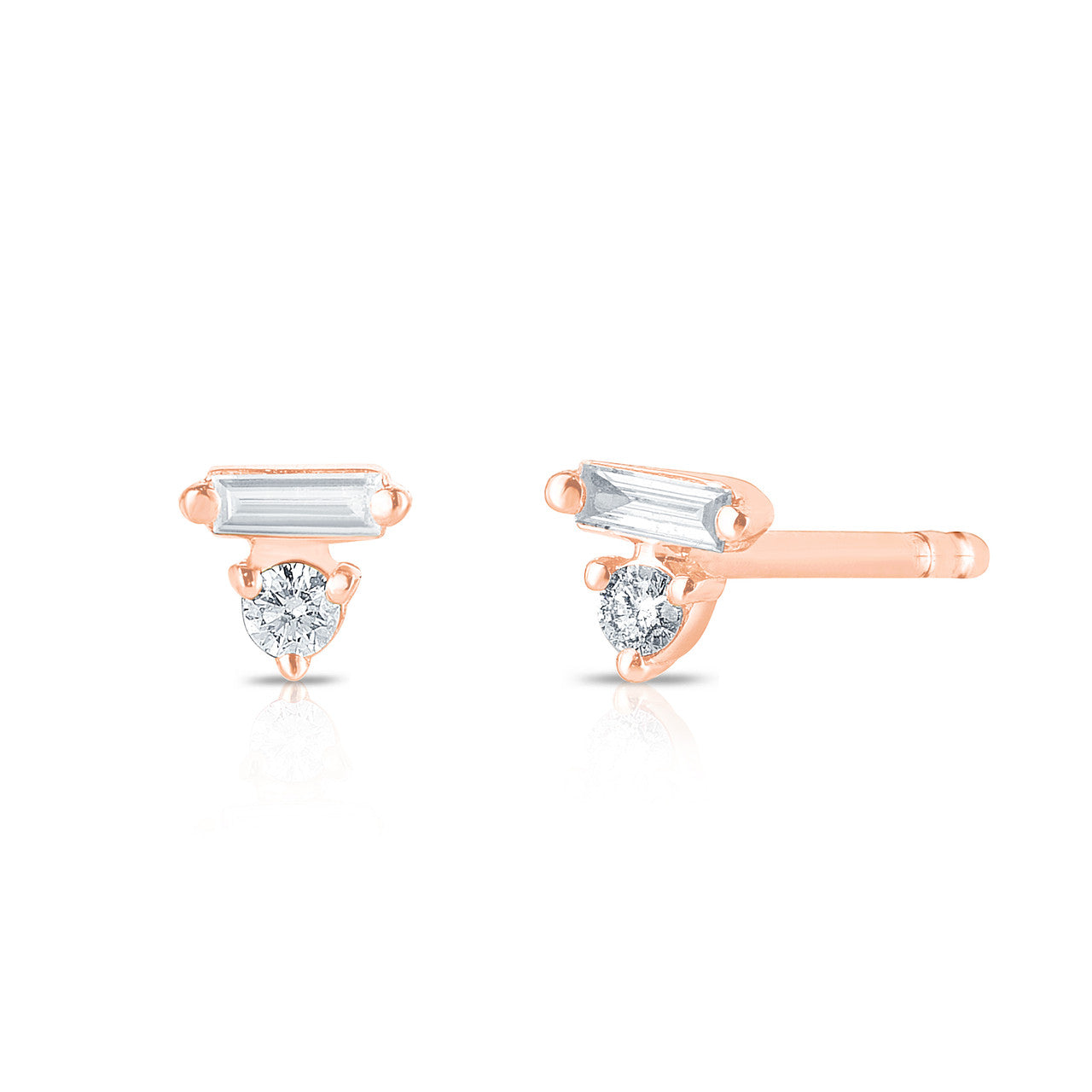 Round and Baguette Stud Earrings, 14K Rose Gold- URBAETIS Fine Jewelry