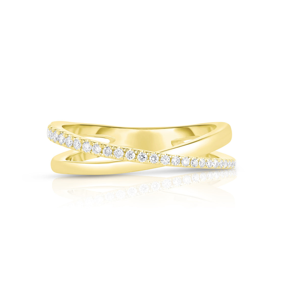 Gold and Diamond Cross Over Ring, 14K Yellow Gold- URBAETIS Fine Jewelry
