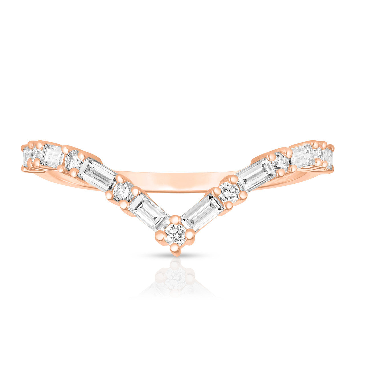 Round and Baguette Diamond V Ring, 14k rose gold - URBAETIS Fine Jewelry