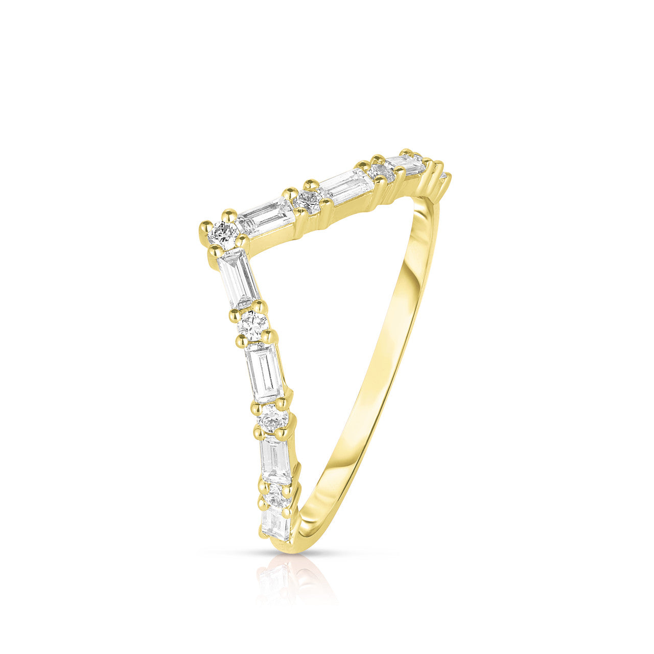 Round and Baguette Diamond V Ring, 14k yellow gold, side view - URBAETIS Fine Jewelry