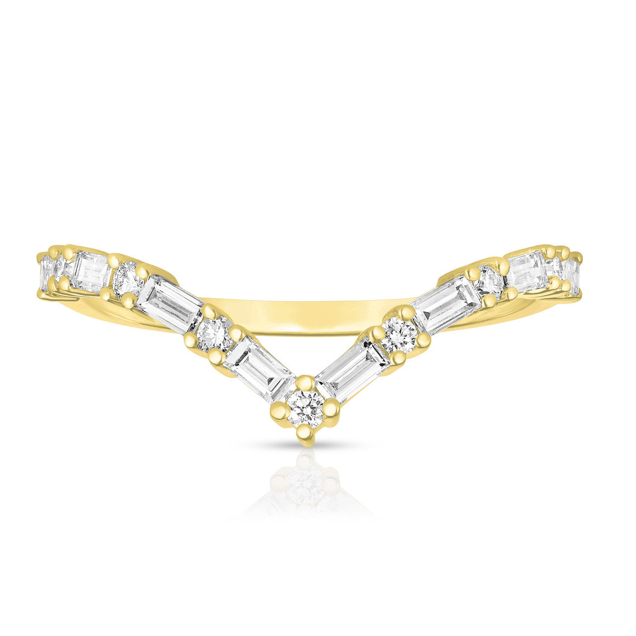 Round and Baguette Diamond V Ring, 14k yellow gold - URBAETIS Fine Jewelry