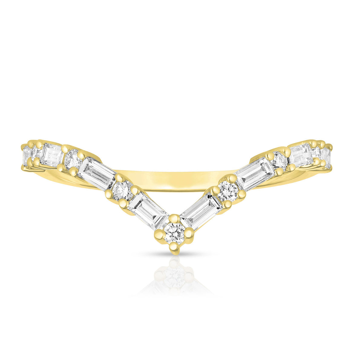 Round and Baguette Diamond V Ring, 14k yellow gold - URBAETIS Fine Jewelry