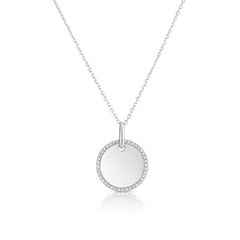 Round Diamond Border Dog Tag Necklace, 14k white gold - URBAETIS Fine Jewelry
