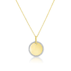 Round Diamond Border Dog Tag Necklace, 14k yellow gold - URBAETIS Fine Jewelry