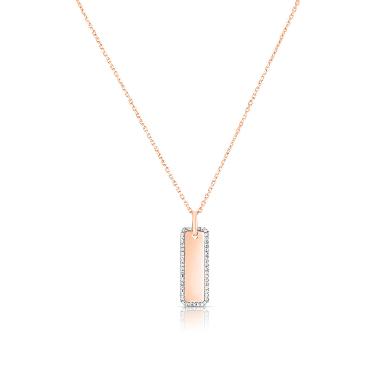 Elongated Diamond Border Dog Tag Necklace, 14k rose gold - URBAETIS Fine Jewelry