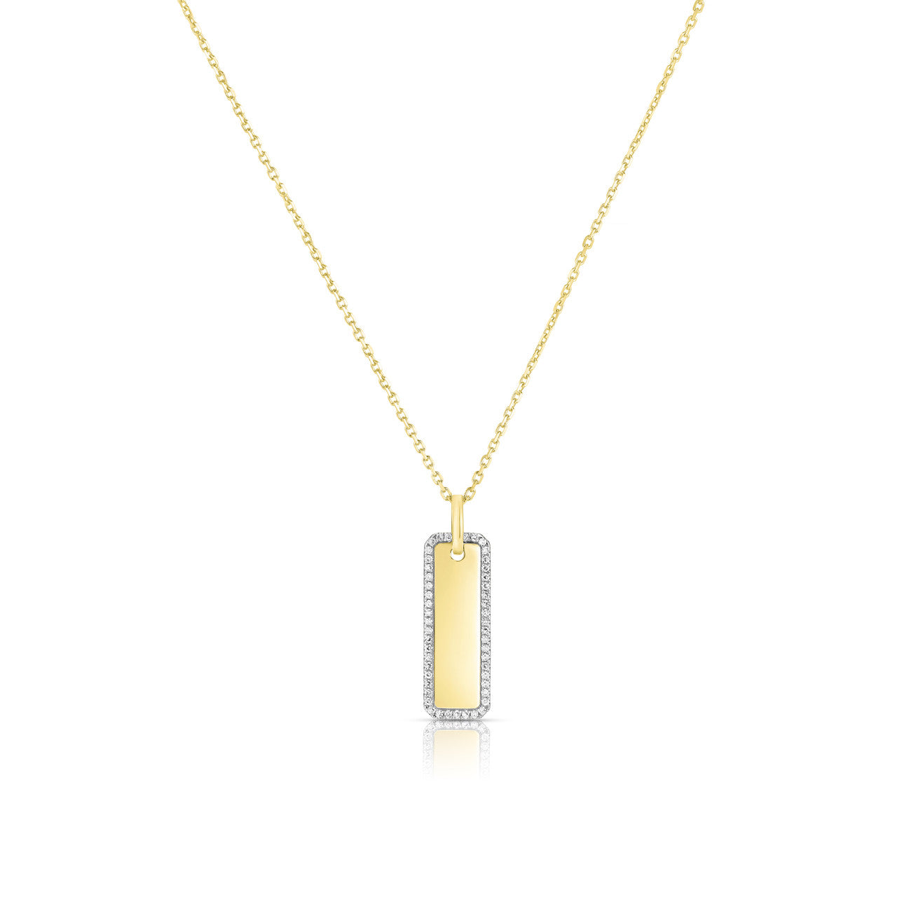 Elongated Diamond Border Dog Tag Necklace, 14k yellow gold - URBAETIS Fine Jewelry