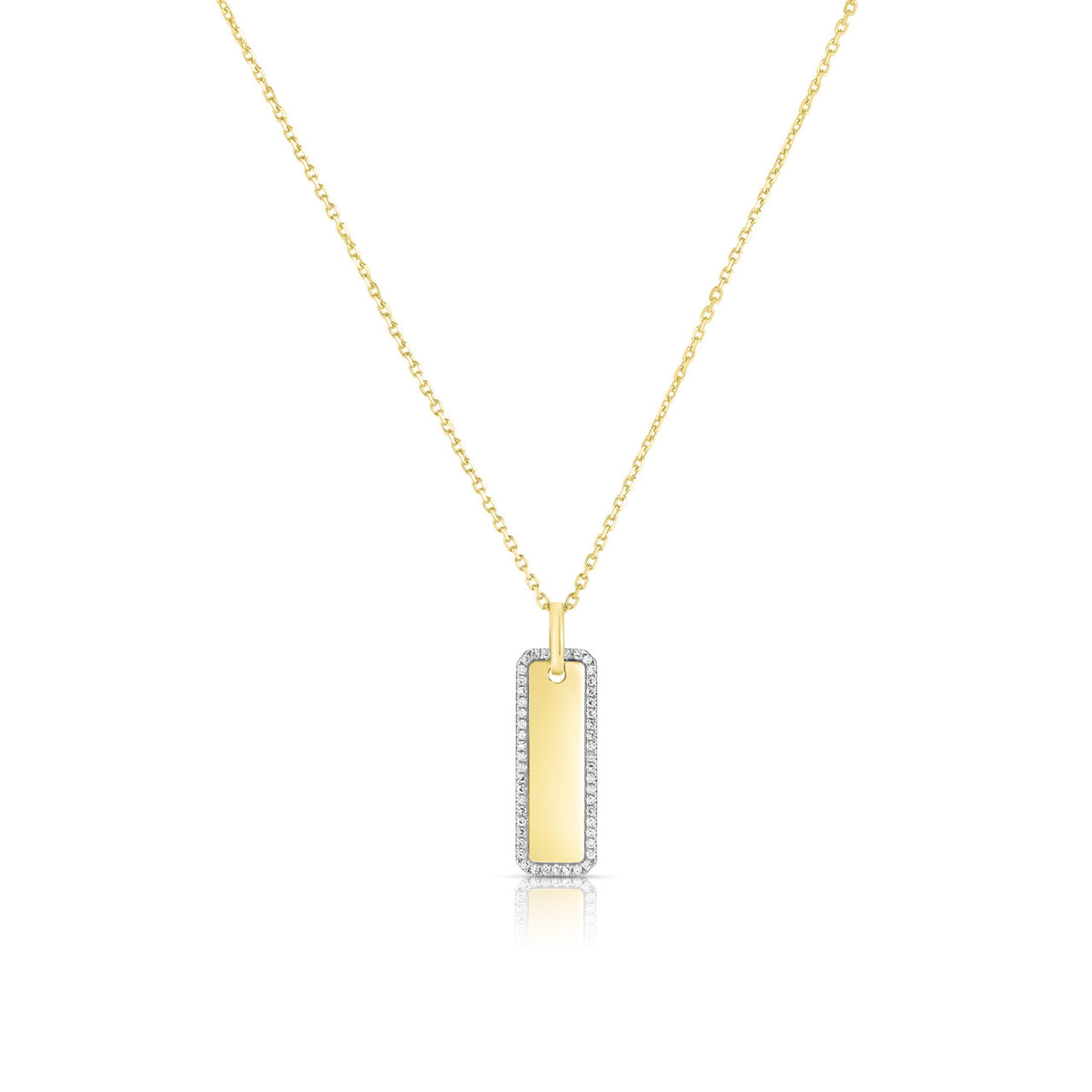 Elongated Diamond Border Dog Tag Necklace, 14k yellow gold - URBAETIS Fine Jewelry