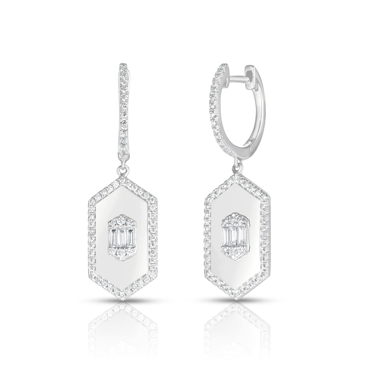 Hexagon Diamond Dangle Huggies, 14k white gold - URBAETIS Fine Jewelry