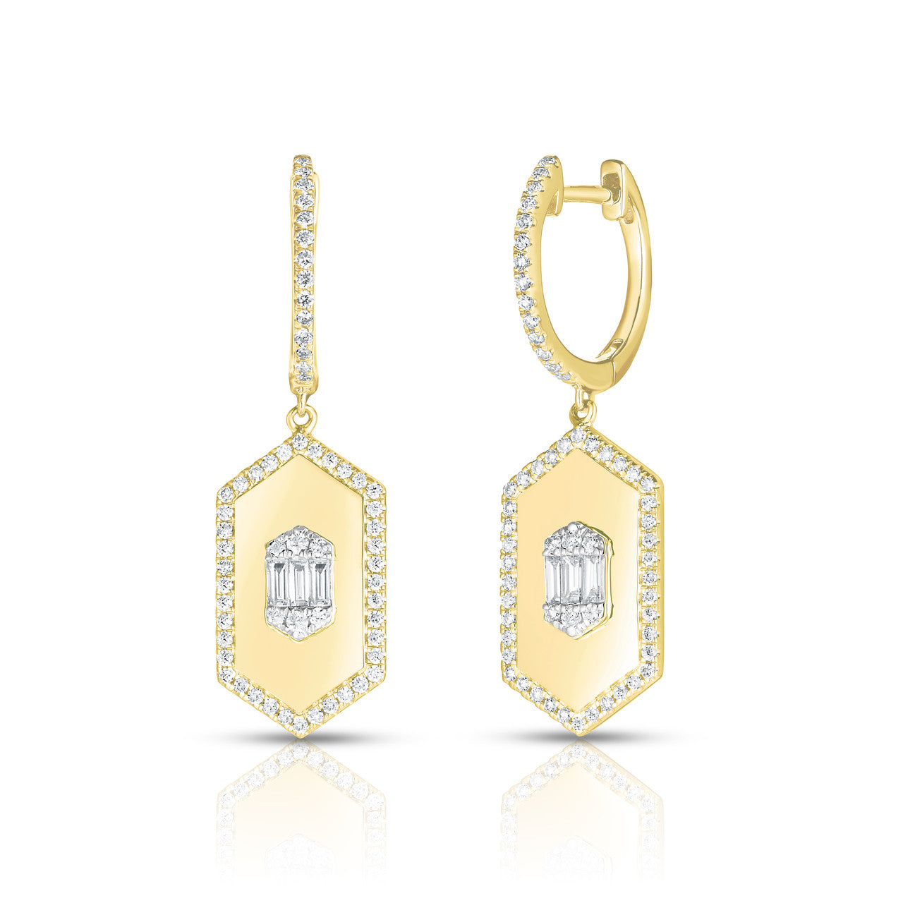 Hexagon Diamond Dangle Huggies, 14k yellow gold - URBAETIS Fine Jewelry