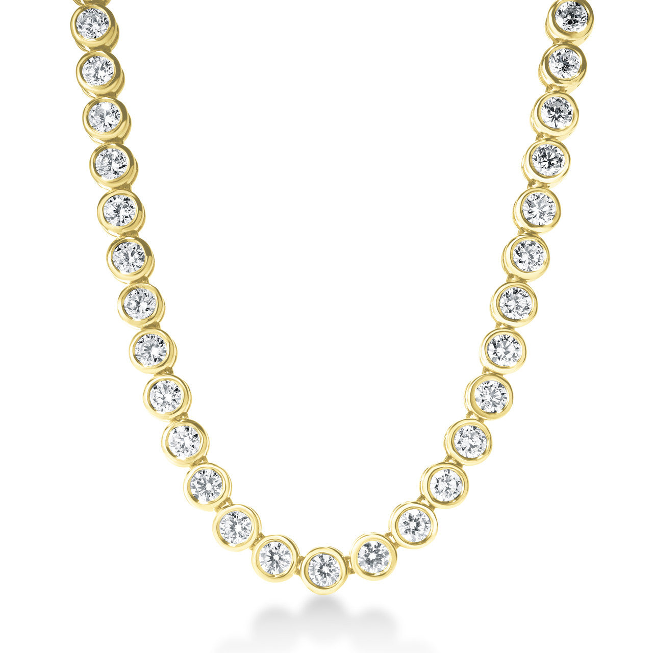 Bezel Set Lab Diamond Tennis Necklace,  12 carat total weight, 14k yellow gold - URBAETIS Fine Jewelry