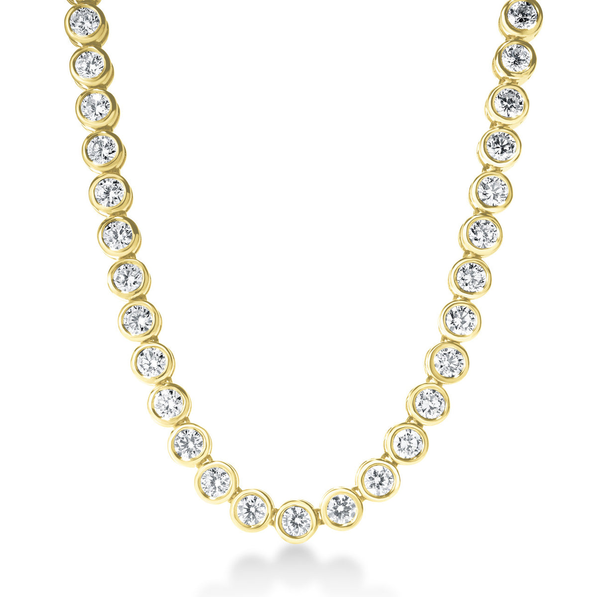 Bezel Set Lab Diamond Tennis Necklace,  12 carat total weight, 14k yellow gold - URBAETIS Fine Jewelry