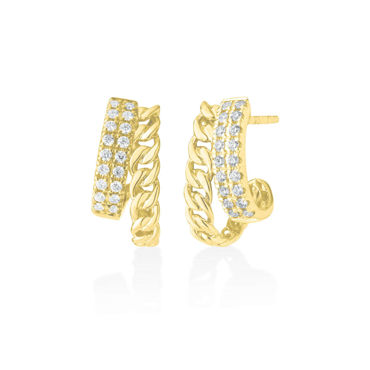 Diamond and Cuban Chain Earrings, 14k yellow gold - URBAETIS Fine Jewelry