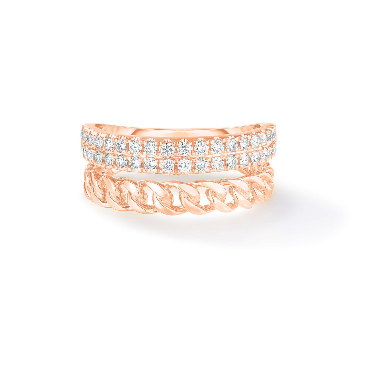 Diamond and Cuban Chain Double Ring, 14k rose gold - URBAETIS Fine Jewelry
