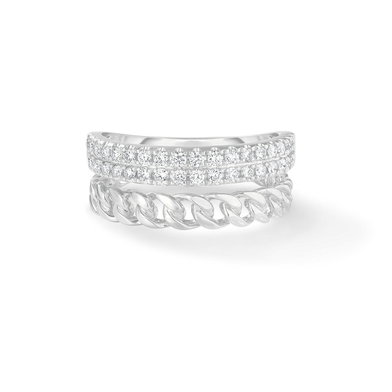 Diamond and Cuban Chain Double Ring, 14k white gold - URBAETIS Fine Jewelry