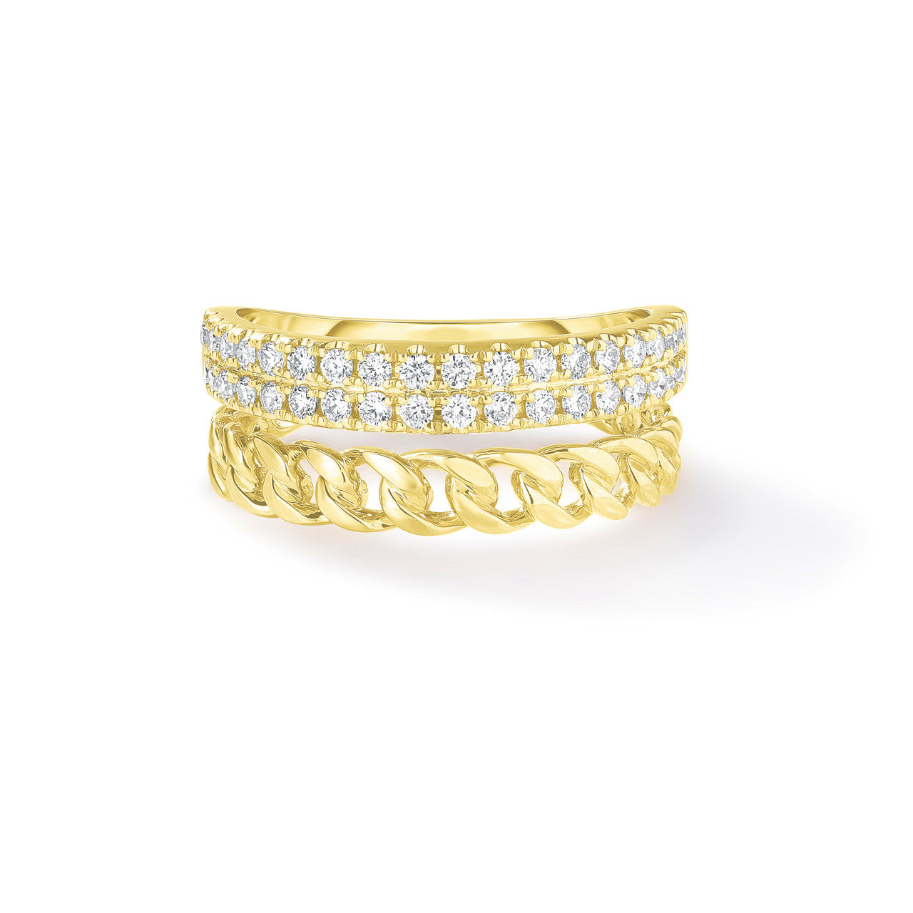 Diamond and Cuban Chain Double Ring, 14k yellow gold - URBAETIS Fine Jewelry