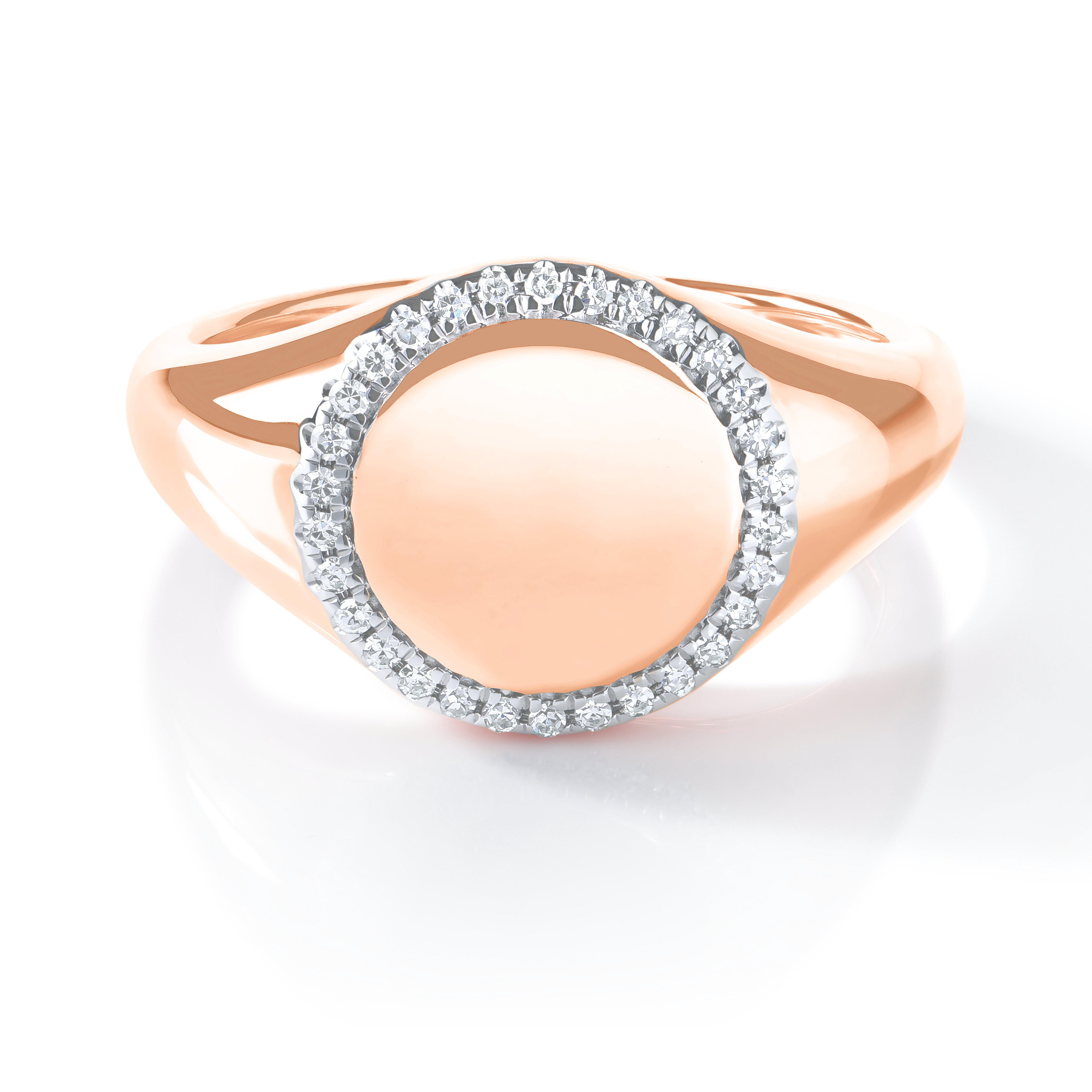 14k rose gold round signet ring with diamond pavé halo border