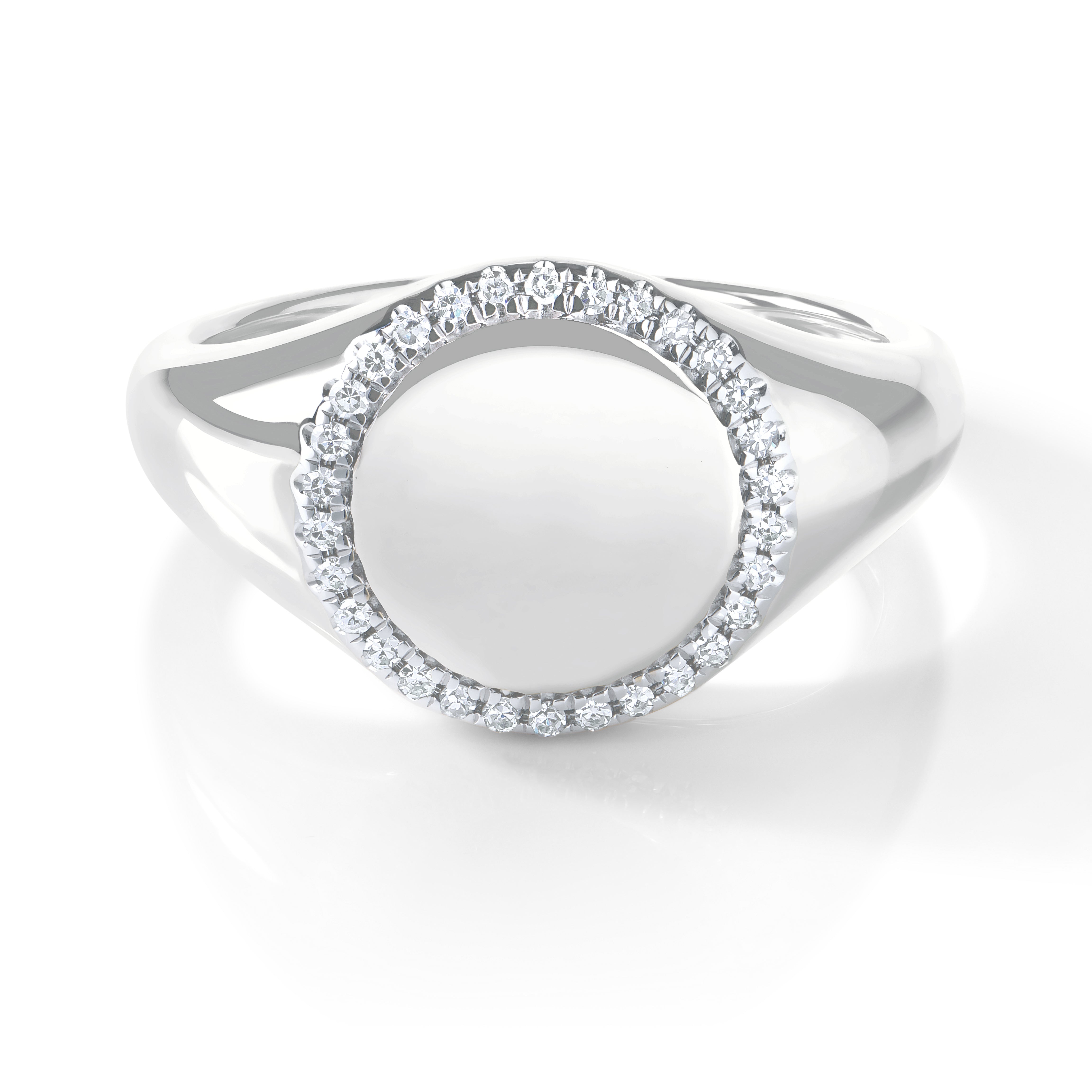 14k white gold round signet ring with diamond pavé halo border