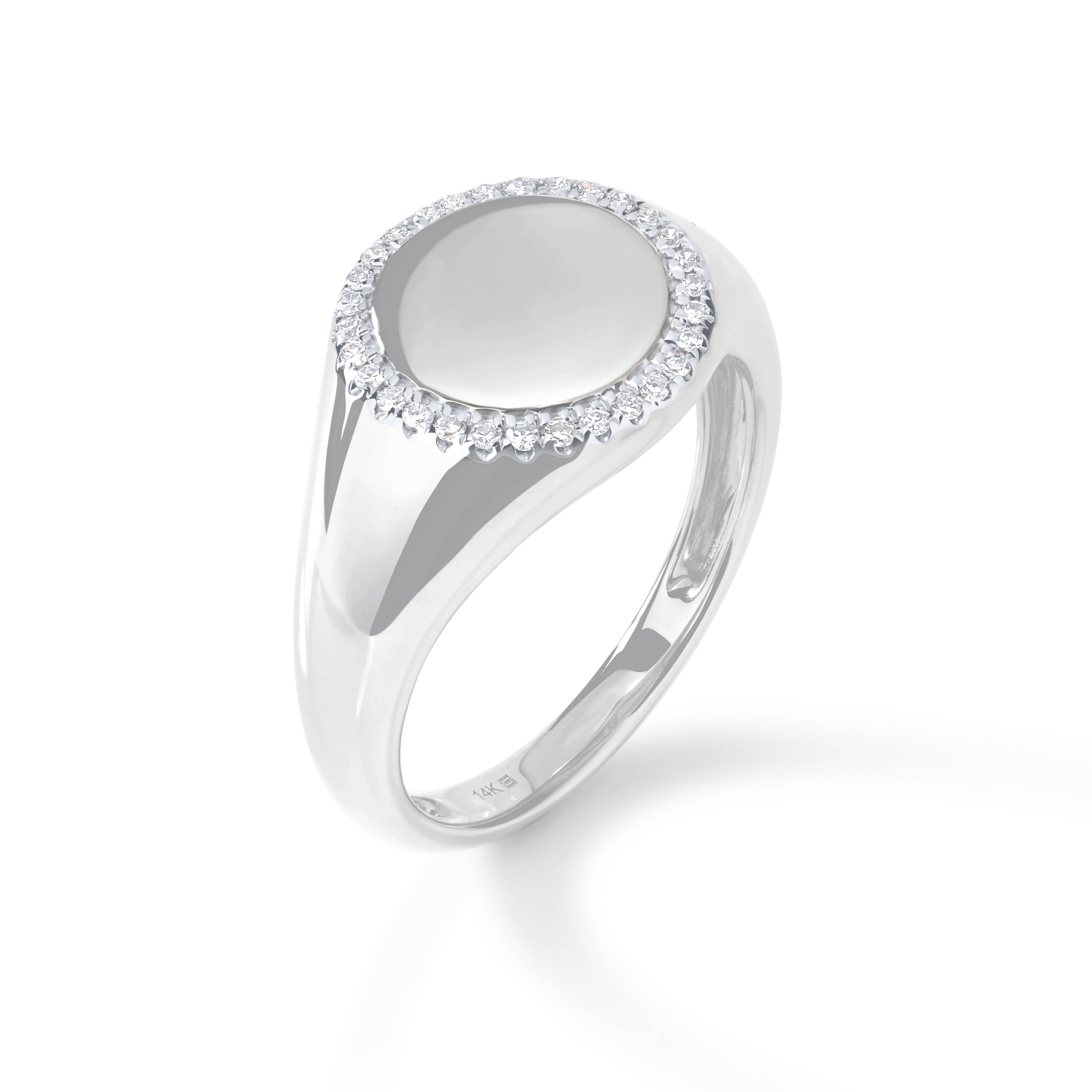 white gold signet ring with diamond halo detail