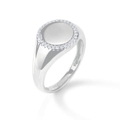 white gold signet ring with diamond halo detail